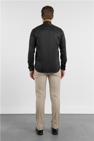 Siyah Ata Yaka Uzun Kol Cepsiz Slim Fit Pamuklu Gömlek 1004255915