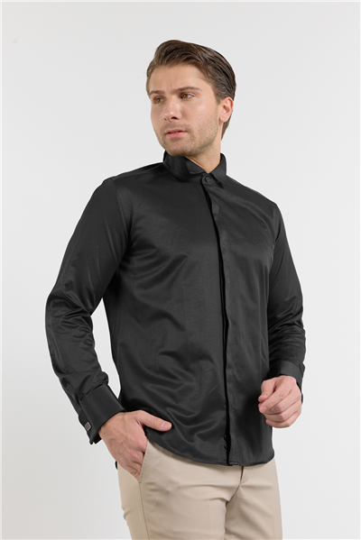 Siyah Ata Yaka Uzun Kol Cepsiz Slim Fit Pamuklu Gömlek 1004255915