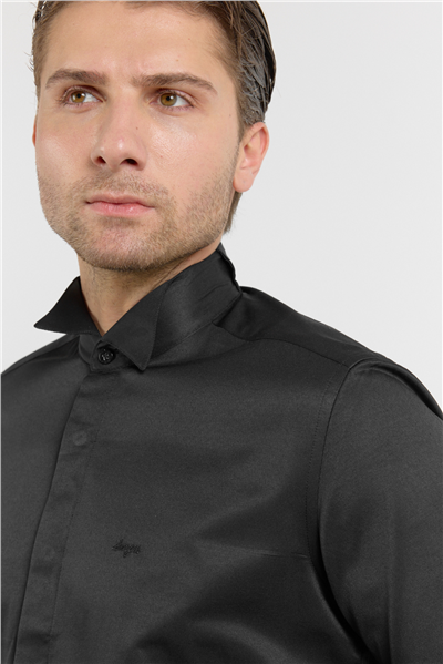 Siyah Ata Yaka Uzun Kol Cepsiz Slim Fit Pamuklu Gömlek 1004255915