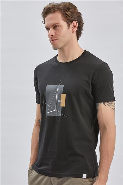 Siyah Baskılı Bez Ayağı Bisiklet Yaka %100 Pamuk Casual Slim Fit Dar Kesim Tişört 1011240167