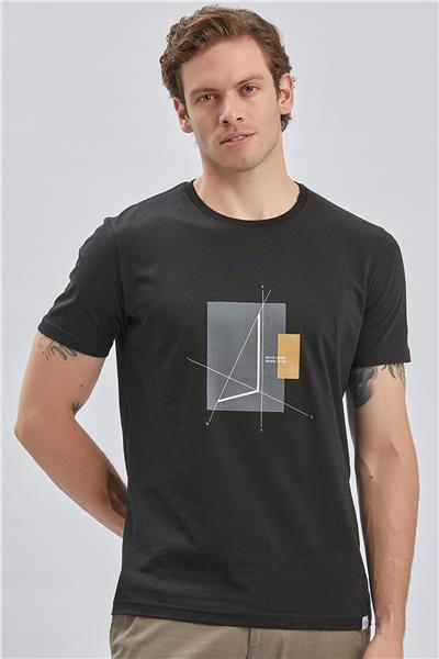 Siyah Baskılı Bez Ayağı Bisiklet Yaka %100 Pamuk Casual Slim Fit Dar Kesim Tişört 1011240167