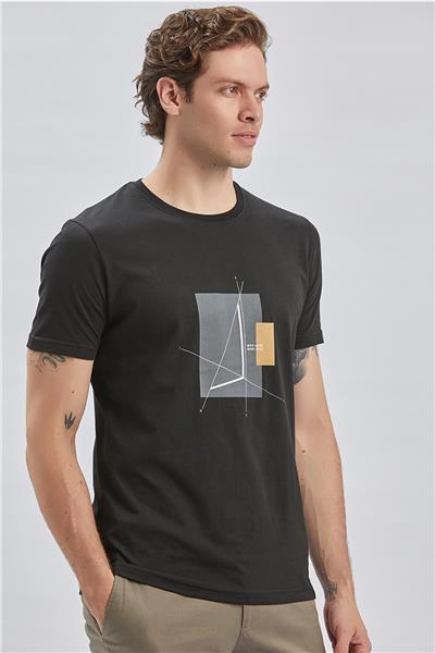 Siyah Baskılı Bez Ayağı Bisiklet Yaka %100 Pamuk Casual Slim Fit Dar Kesim Tişört 1011240167