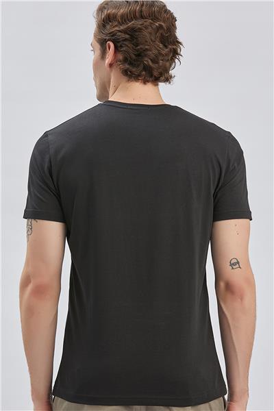 Siyah Baskılı Bez Ayağı Bisiklet Yaka %100 Pamuk Casual Slim Fit Dar Kesim Tişört 1011240167