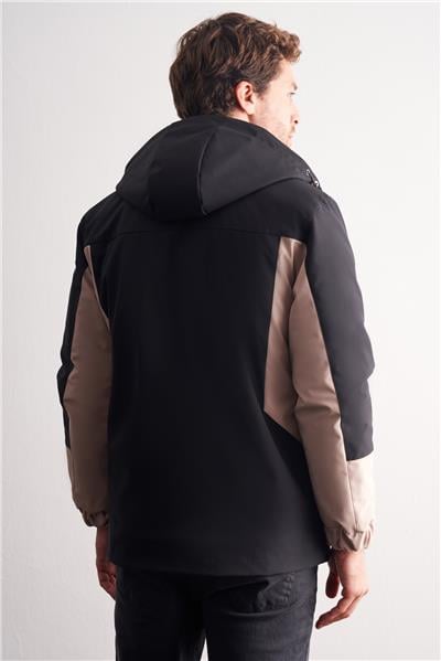 Siyah - Bej Kapüşonlu Yaka Bondid Yırtmaçsız Casual Mont 1007255134