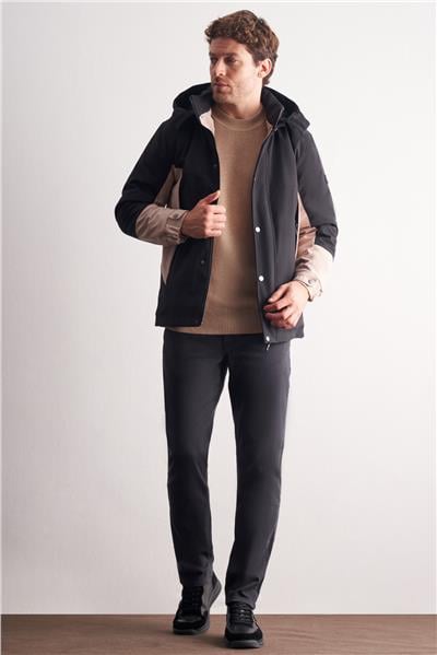 Siyah - Bej Kapüşonlu Yaka Bondid Yırtmaçsız Casual Mont 1007255134