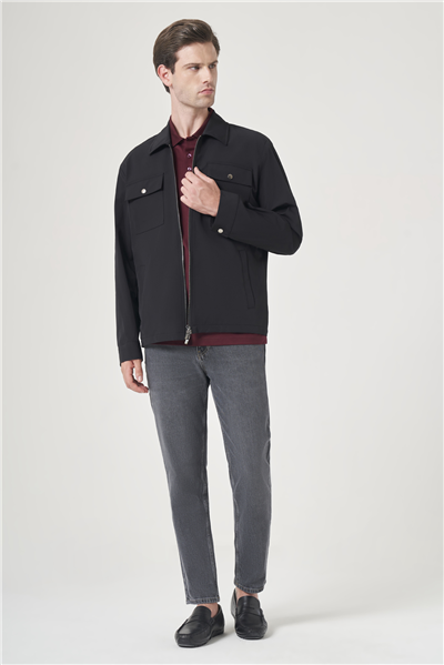 Siyah Berberi Yaka Gabardin Düz Slim Fit Casual Mont 1007260151