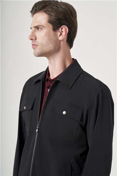 Siyah Berberi Yaka Gabardin Düz Slim Fit Casual Mont 1007260151