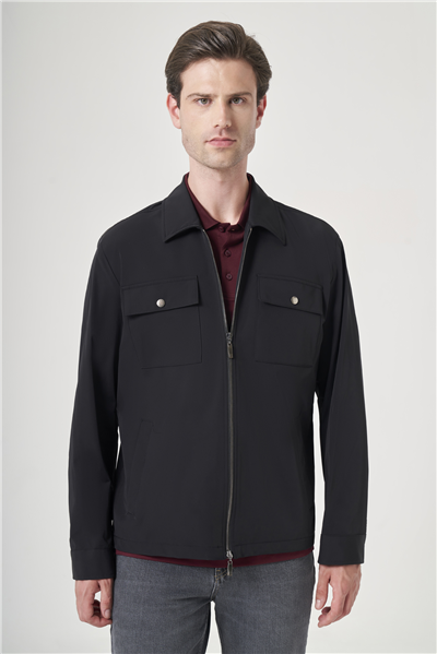 Siyah Berberi Yaka Gabardin Düz Slim Fit Casual Mont 1007260151