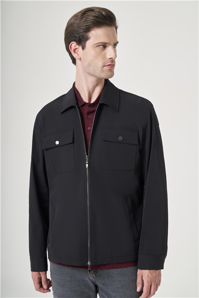 Siyah Berberi Yaka Gabardin Düz Slim Fit Casual Mont 1007260151