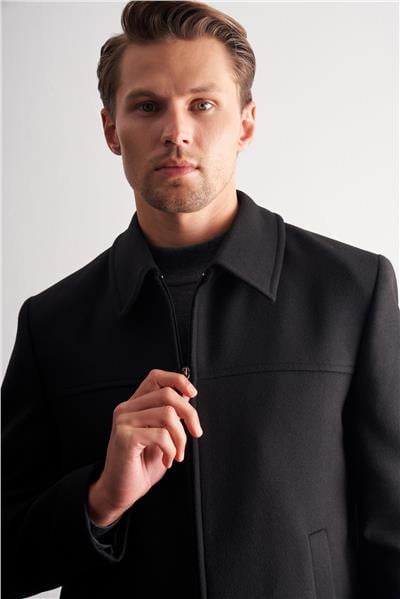 Siyah Berberi Yaka Tam Astar Classic Slim Fit Esnek Kaşe Mont 1007255121