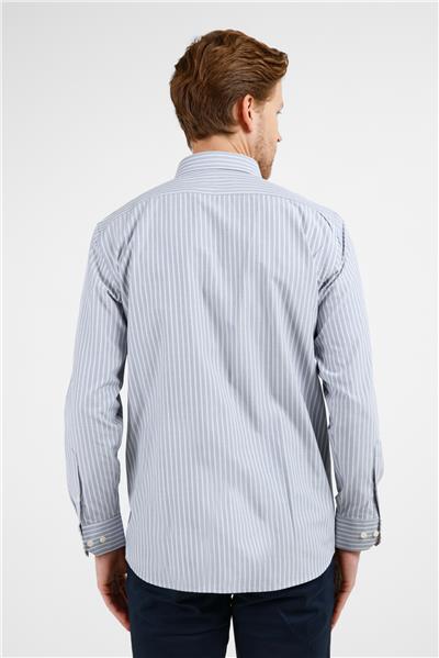 Siyah-Beyaz Çizgili Desen Sert Yaka Uzun Kol Cepli Comfort Fit Pamuklu Gömlek 1004255277