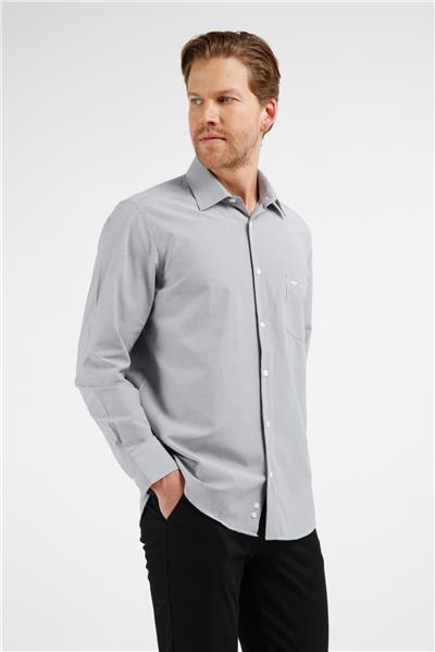 Siyah-Beyaz Çizgili Desen Sert Yaka Uzun Kol Cepli Comfort Fit Pamuklu Gömlek 1004255280
