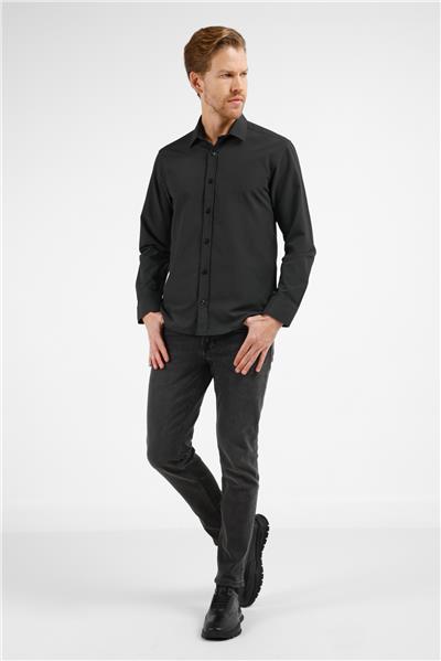 Siyah Sert Yaka Uzun Kol Slim Fit Pamuklu Gömlek 1004255216