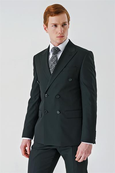 Siyah Bez Ayağı Kılıç Yaka Tam Astar Esnek 6 Drop Slim Fit Kruvaze Takım Elbise 1001245172
