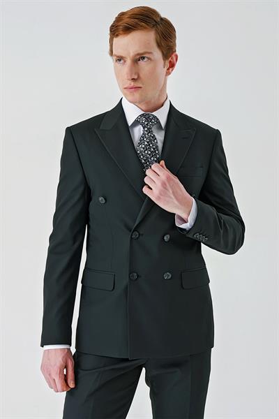 Siyah Bez Ayağı Kılıç Yaka Tam Astar Esnek 6 Drop Slim Fit Kruvaze Takım Elbise 1001245172