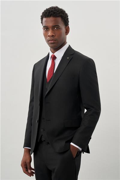 Siyah Bez Ayağı Kılıç Yaka Tam Astar Yelekli 6 Drop Slim Fit Takım Elbise 1001245177