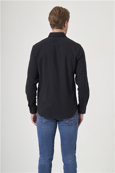 Siyah Biritli Yaka Uzun Kol Cepsiz Slim Fit Pamuklu Gömlek 1004260207
