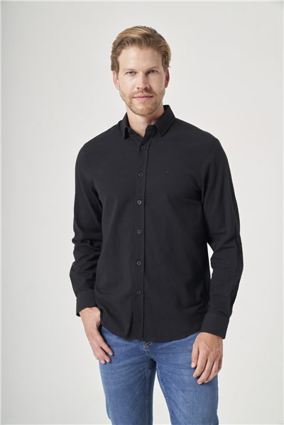 Siyah Biritli Yaka Uzun Kol Cepsiz Slim Fit Pamuklu Gömlek 1004260207