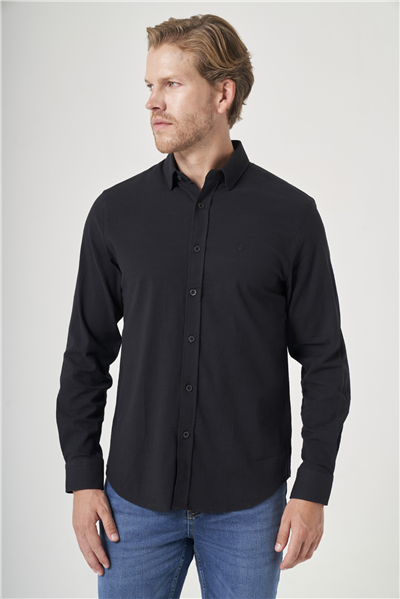 Siyah Biritli Yaka Uzun Kol Cepsiz Slim Fit Pamuklu Gömlek 1004260207