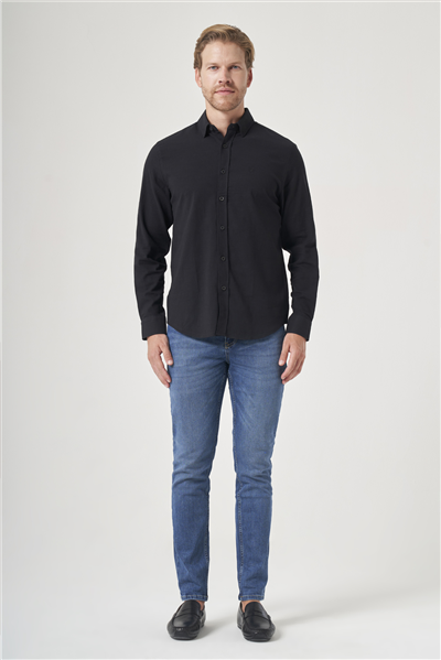 Siyah Biritli Yaka Uzun Kol Cepsiz Slim Fit Pamuklu Gömlek 1004260207