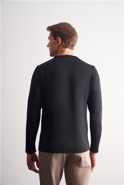 Siyah Bisiklet Yaka Cepsiz Slim Fit Casual Triko Kazak