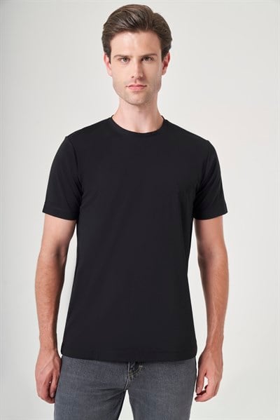 Siyah Bisiklet Yaka Kısa Kol Örme Slim Fit Esnek Tişört 1011260184