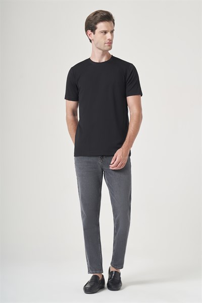 SiyahBisiklet Yaka Kısa Kol Örme Slim Fit Esnek Basic Tişört 1011260184