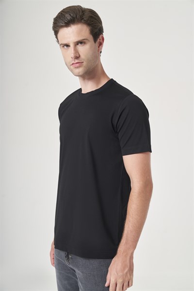 SiyahBisiklet Yaka Kısa Kol Örme Slim Fit Esnek Basic Tişört 1011260184