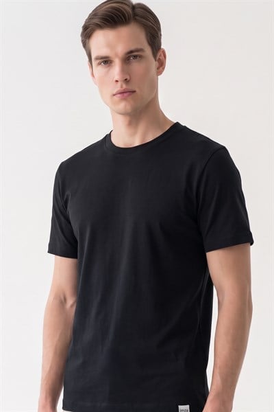 Siyah Bisiklet Yaka Kısa Kol Slim Fit Pamuklu Tişört 1011265166