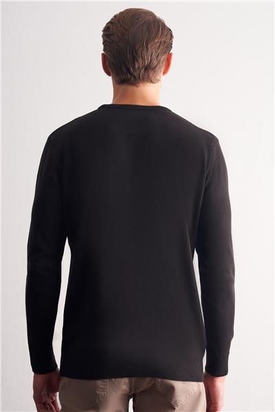 Siyah Bisiklet Yaka Uzun Kol Cepsiz Comfort Fit Pamuklu Triko Kazak 1012255221