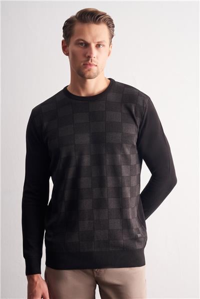 Siyah Bisiklet Yaka Uzun Kol Cepsiz Comfort Fit Pamuklu Triko Kazak 1012255221