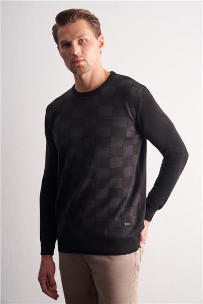 Siyah Bisiklet Yaka Uzun Kol Cepsiz Comfort Fit Pamuklu Triko Kazak 1012255221