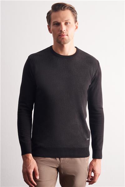 Siyah Bisiklet Yaka Uzun Kol Cepsiz Comfort Fit Pamuklu Triko Kazak 1012255216