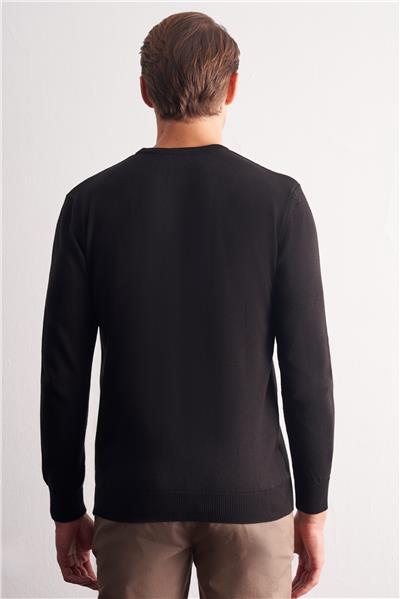 Siyah Bisiklet Yaka Uzun Kol Cepsiz Comfort Fit Pamuklu Triko Kazak 1012255216