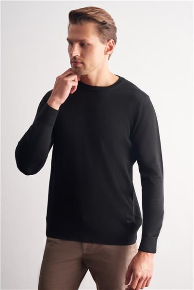 Siyah Bisiklet Yaka Uzun Kol Cepsiz Comfort Fit Classic Pamuklu Triko Kazak 1012255206