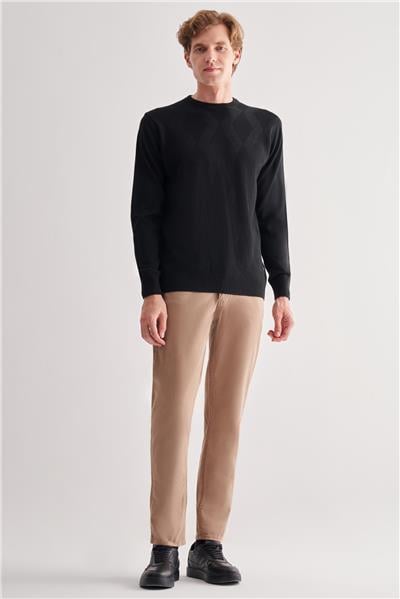 Siyah Bisiklet Yaka Uzun Kol Cepsiz Comfort Fit Classic Yünlü Triko Kazak 1012255207