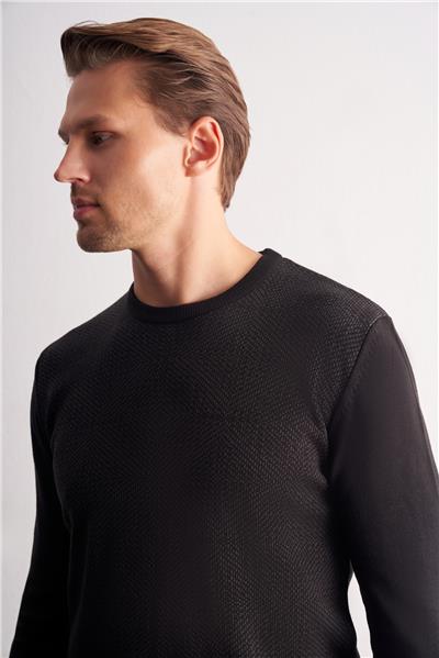 Siyah Bisiklet Yaka Uzun Kol Cepsiz Comfort Fit Pamuklu Triko Kazak 1012255216