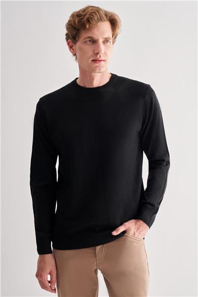 Siyah Bisiklet Yaka Uzun Kol Cepsiz Comfort Fit Classic Yünlü Triko Kazak 1012255207