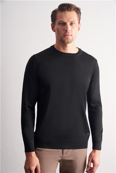 Siyah Bisiklet Yaka Uzun Kol Cepsiz Comfort Fit Classic Pamuklu Triko Kazak 1012255206