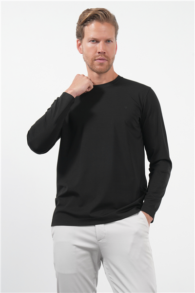 Siyah Bisiklet Yaka Uzun Kol Örme Standart Fit Esnek Sweatshirt 1013260150
