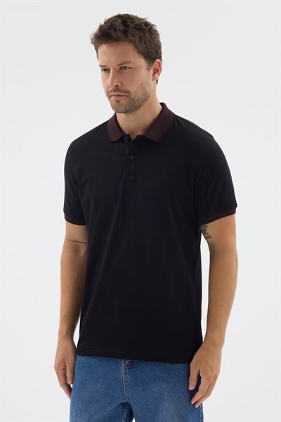 Siyah-Bordo Polo Yaka Pike Kısa Kol Slim Fit %100 Pamuk Tişört 1011260171