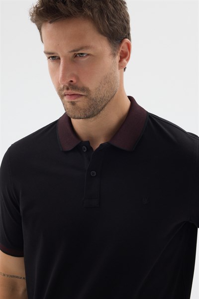 Siyah-Bordo Polo Yaka Pike Kısa Kol Slim Fit %100 Pamuk Tişört 1011260171