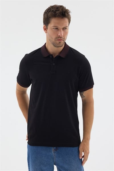 Siyah-Bordo Polo Yaka Pike Kısa Kol Slim Fit %100 Pamuk Tişört 1011260171