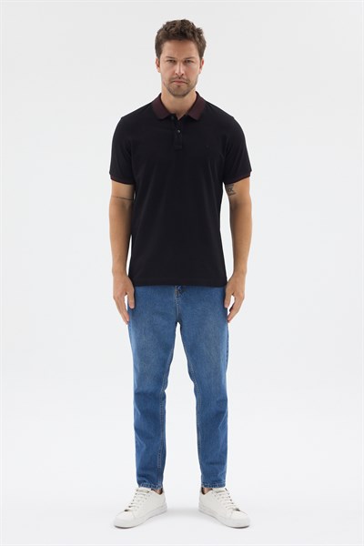 Siyah-Bordo Polo Yaka Pike Kısa Kol Slim Fit %100 Pamuk Tişört 1011260171