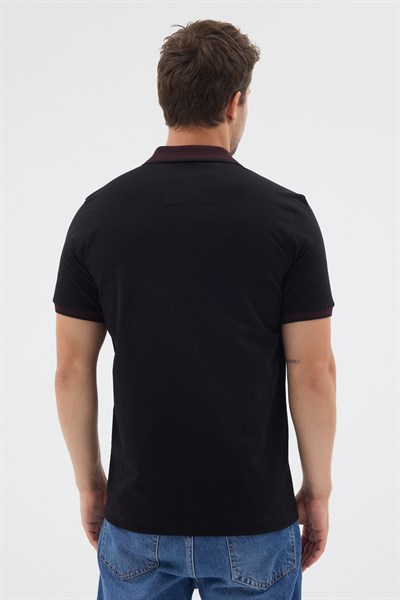 Siyah-Bordo Polo Yaka Pike Kısa Kol Slim Fit %100 Pamuk Tişört 1011260171