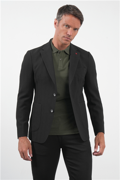 Siyah Siyah Mono Yaka Gofreli 6 Drop Slim Fit Esnek Ceket 1002260150