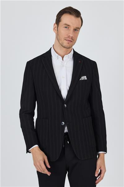 Siyah Mono Yaka Gofreli  Esnek 6 Drop Slim Fit Casual  Ceket 1002250126