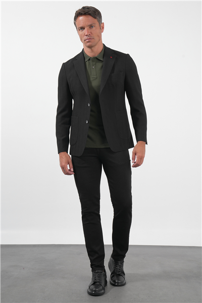Siyah Siyah Mono Yaka Gofreli 6 Drop Slim Fit Esnek Ceket 1002260150