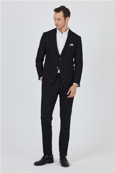 Siyah Mono Yaka Gofreli  Esnek 6 Drop Slim Fit Casual  Ceket 1002250126