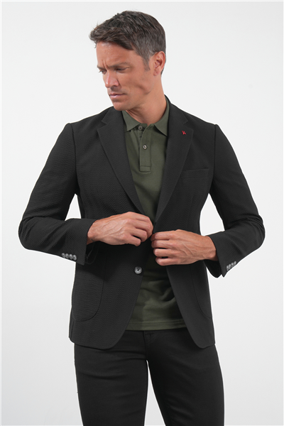 Siyah Siyah Mono Yaka Gofreli 6 Drop Slim Fit Esnek Ceket 1002260150
